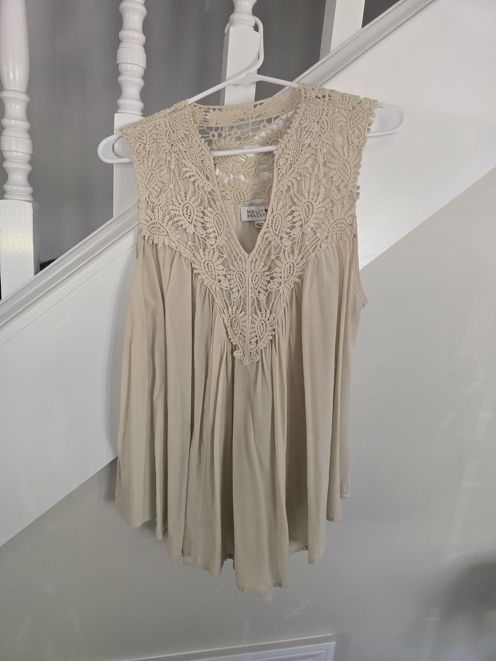 Molly Bracken Beige Crochet V-Neck Sleeveless Blouse